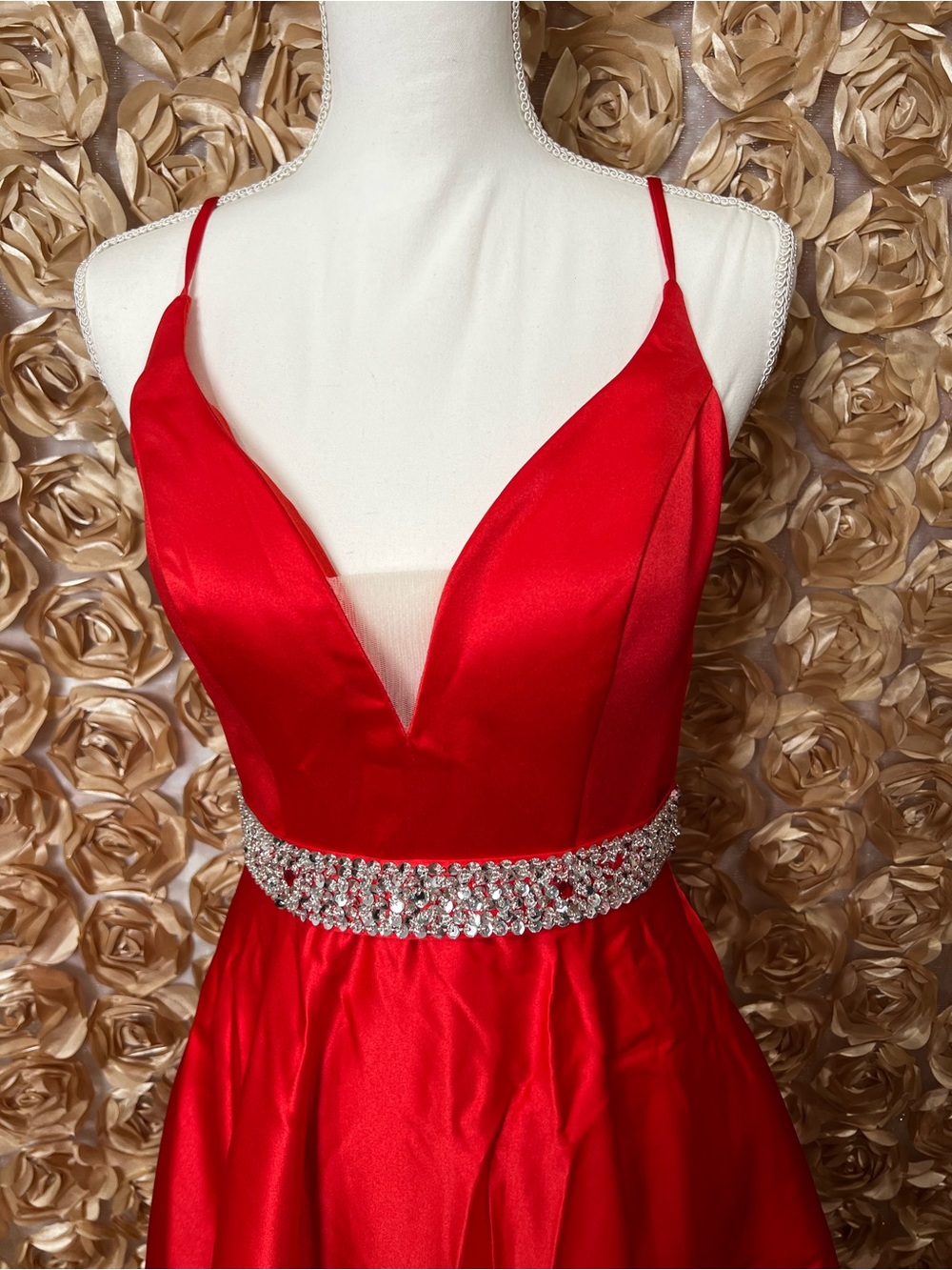 Red V-Neck Satin Evening Dress with Crystal Waistband
🚨 NEW WITHOUT TAGS🚨 - Picture 2 of 4